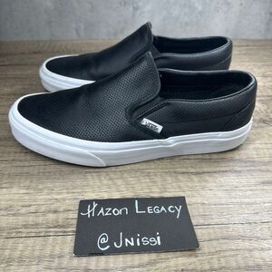 Vans~Women’s~Asher Black Leather Perforated Slip On Sneakers~Size 8.5